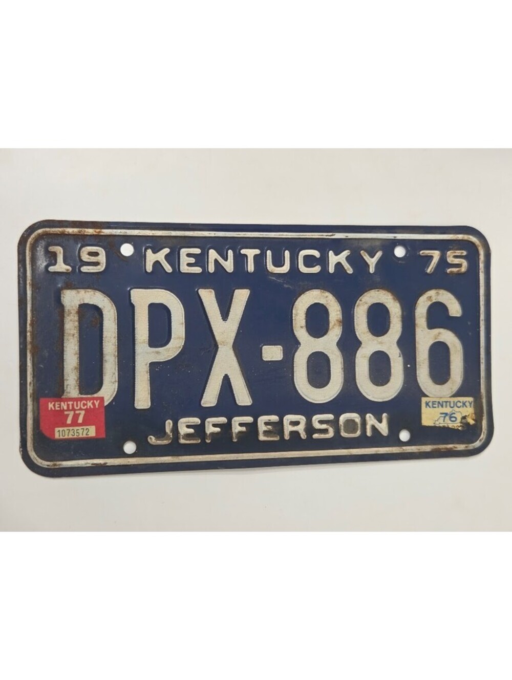 Vintage 1975 Kentucky Jefferson License Plate DPX 886 Blue White Metal Tag